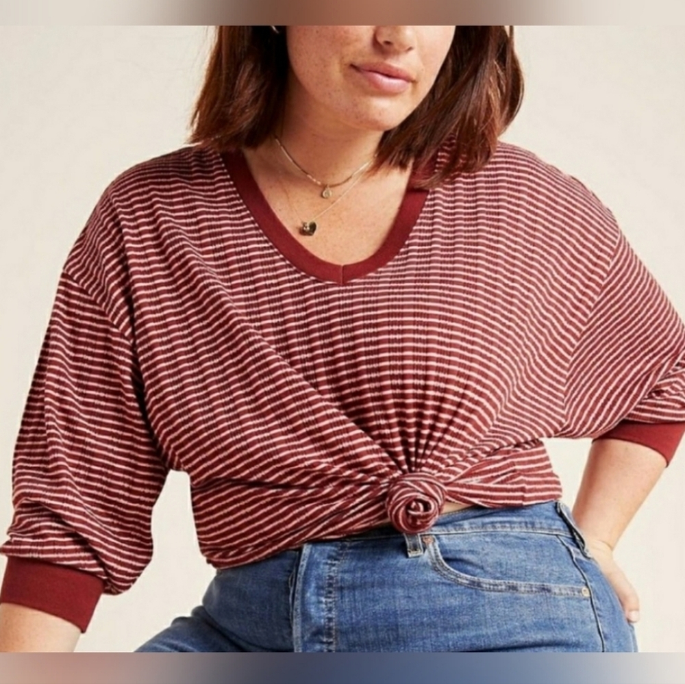 Anthropologie Hannah Striped Scoop Neck Top 3/4 Sleeve V Neck Medium